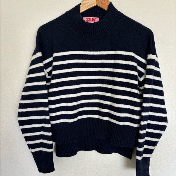 Blue and White Striped Cowl Neck Soft and Stretchy Sweater - Picture 1 of 6